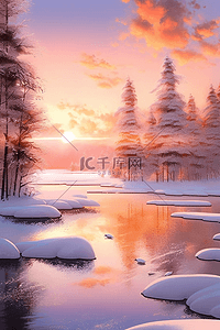 雪景湖插画图片_冬天晚霞唯美雪景手绘插画