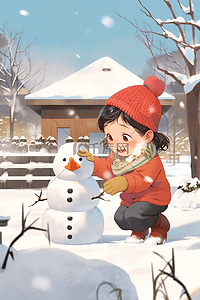 冬天堆雪人可爱孩子手绘插画