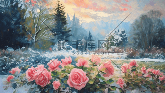 玫瑰月季花卉户外自然风景唯美花园插画图片