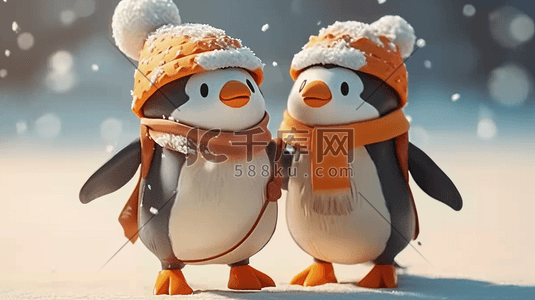 企鹅冰雪插画图片_冬季立体卡通戴帽子企鹅插画9