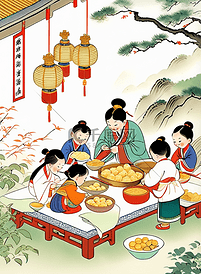 春节插画做饭古代中国风复古水彩