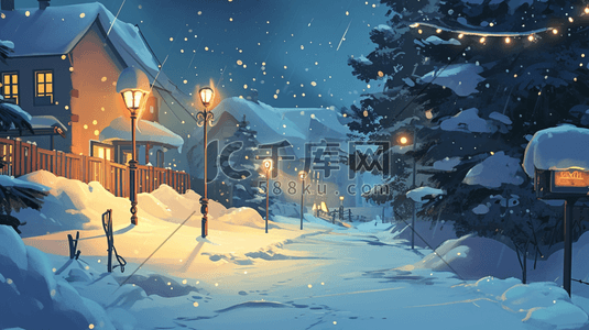 唯美冬天夜晚下雪房屋道路风景插图20