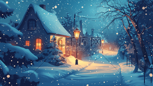 唯美冬天夜晚下雪房屋道路风景插图10