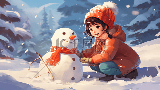小朋友堆雪人插画图片_雪地里堆雪人的小女孩