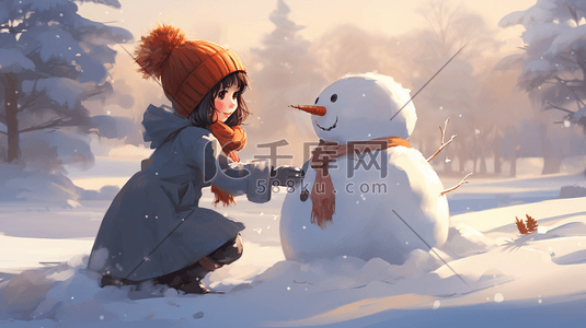 小朋友堆雪人插画图片_雪地里堆雪人的小女孩