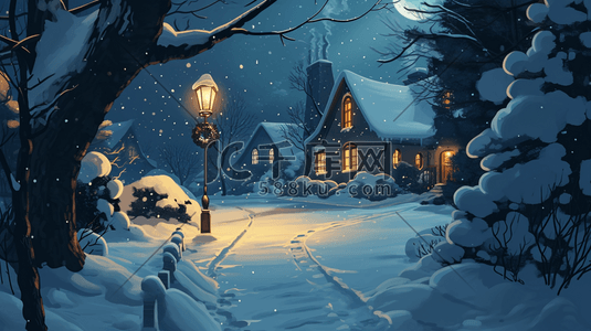 唯美冬天夜晚下雪房屋道路风景插图16