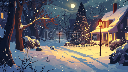 唯美冬天夜晚下雪房屋道路风景插图19