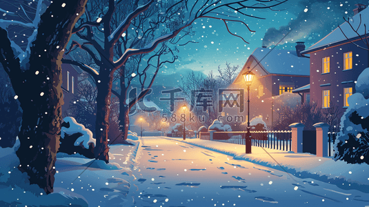 唯美冬天夜晚下雪房屋道路风景插图1