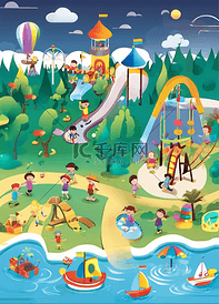 儿童乐园插画春天儿童海滩度假