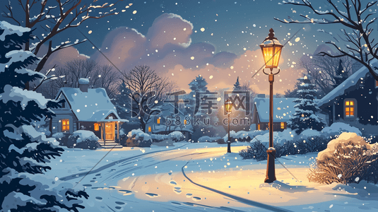 唯美冬天夜晚下雪房屋道路风景插图2