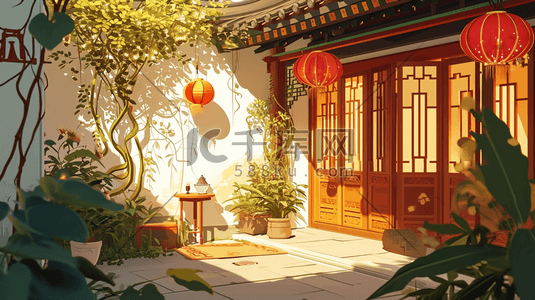 古香古色背景插画图片_手绘古色古风古建筑庭院插画26