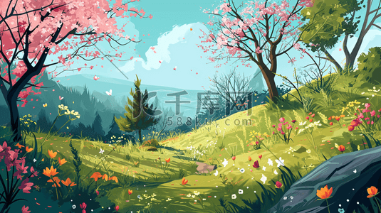 粉色盛开的花朵插画图片_春季粉色盛开的花朵大树风景插画9