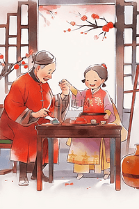 古典桌子插画图片_家人团聚新年古典手绘插画海报