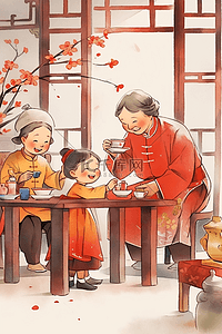 古典桌子插画图片_新年家人手绘插画团聚古典海报