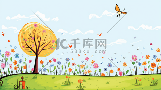 彩色春天鸟语花香的插画4