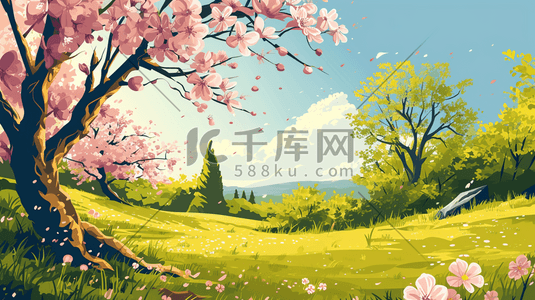 春季粉色盛开的花朵大树风景插画19