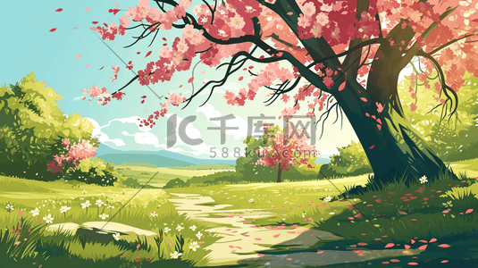 春季粉色盛开的花朵大树风景插画7