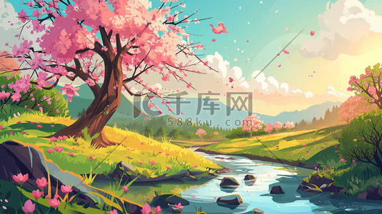 粉色盛开的花朵插画图片_春季粉色盛开的花朵大树风景插画6