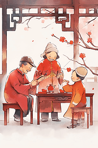 古典桌子插画图片_家人团聚古典手绘新年插画海报