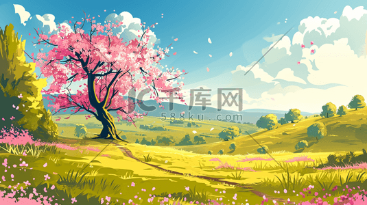 春季粉色盛开的花朵大树风景插画13