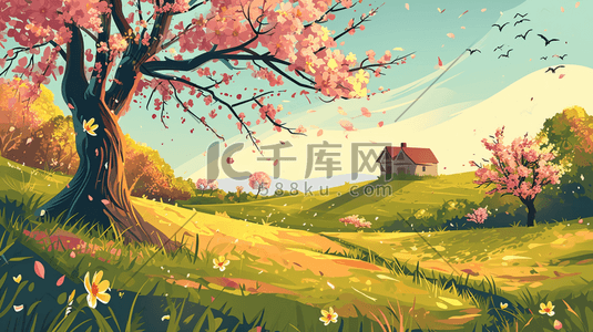 粉色盛开的花朵插画图片_春季粉色盛开的花朵大树风景插画15