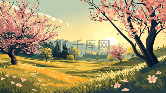春季粉色盛开的花朵大树风景插画20