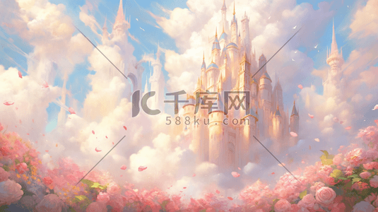 梦幻城堡插画图片_彩色梦幻童话城堡女孩的插画6