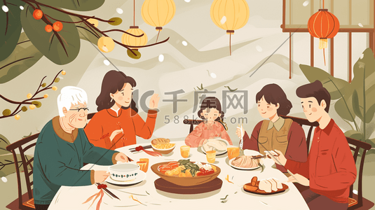 扁平化食物插画图片_彩色扁平化中国春节团圆饭美食插画1