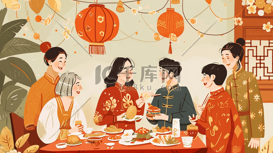 扁平化食物插画图片_彩色扁平化中国春节团圆饭美食插画16