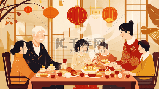 扁平化食物插画图片_彩色扁平化中国春节团圆饭美食插画4