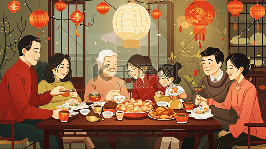 彩色扁平化中国春节团圆饭美食插画33