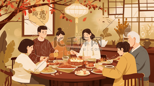 彩色扁平化中国春节团圆饭美食插画26