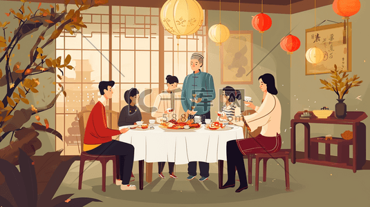 彩色扁平化中国春节团圆饭美食插画9