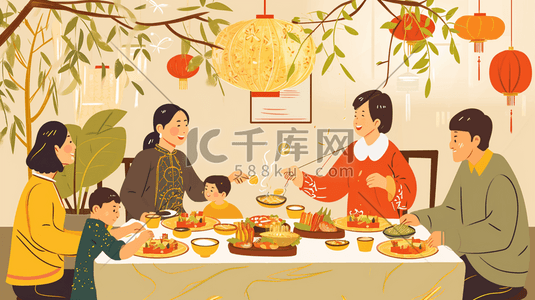 扁平化食物插画图片_彩色扁平化中国春节团圆饭美食插画20