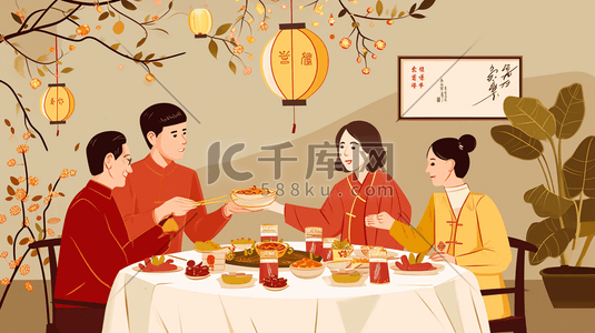 彩色扁平化中国春节团圆饭美食插画7