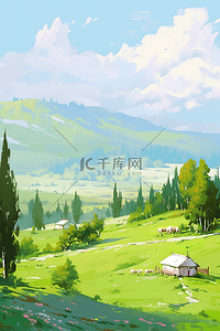 绿树青山插画图片_青山绿树春天风景油画手绘插画