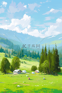 绿树青山插画图片_春天风景青山绿树手绘插画油画