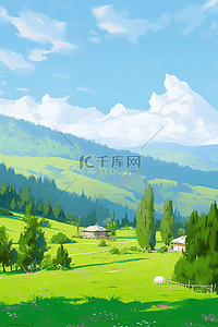 绿树青山插画图片_春天风景青山绿树手绘油画插画