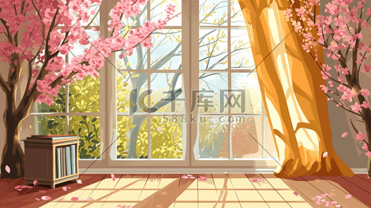 手绘窗户风景插画图片_手绘扁平化窗台摆放花卉盆栽16插画海报