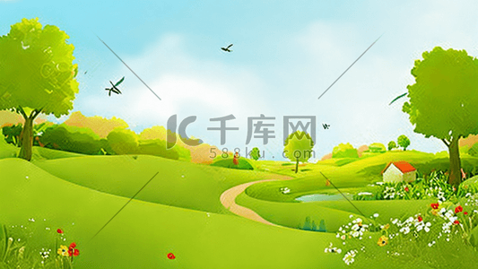 公园红插画图片_绿色草山坡公园红天空云花草春天装饰图插画图片