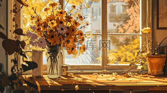 水彩春季窗台摆放的花卉盆栽的插画3