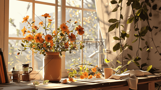水彩春季窗台摆放的花卉盆栽的插画8