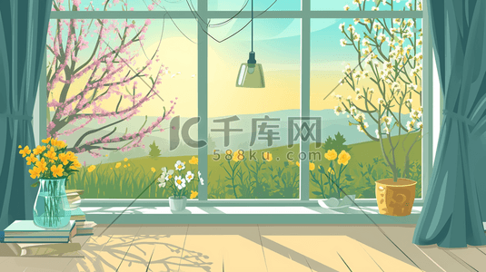 手绘窗户风景插画图片_手绘扁平化窗台摆放花卉盆栽3图片
