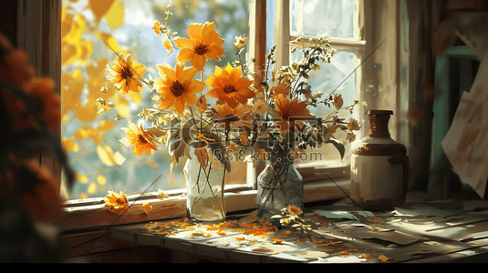 水彩春季窗台摆放的花卉盆栽的插画14