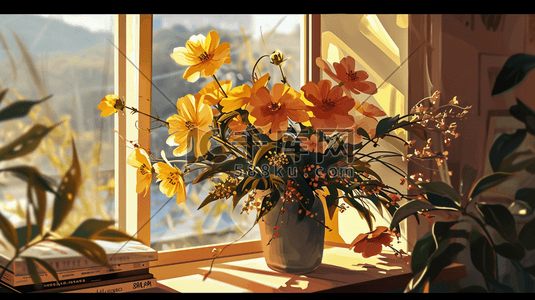 水彩春季窗台摆放的花卉盆栽的插画5