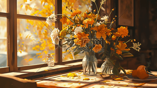 水彩春季窗台摆放的花卉盆栽的插画17