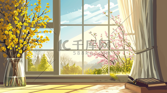 手绘扁平化窗台摆放花卉盆栽13插画图片