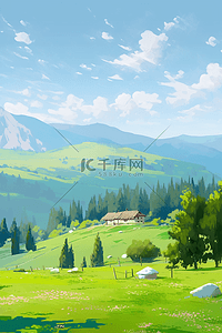 春天青山绿树风景油画手绘插画