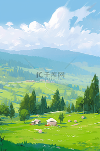 春天风景青山油画绿树手绘插画