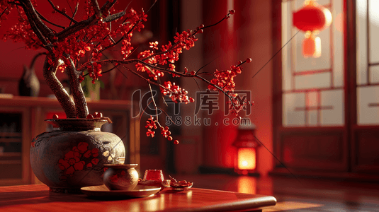 红色中国风中式庭院装饰大气插画1